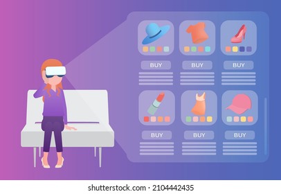 A woman sits on a couch wearing VR glasses to experience a 3D product on a metaverse screen. Vector illustration of the future.