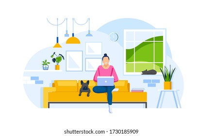 Woman sits on couch and work from home with trendy laptop. Dog and cat lie around. Concept of living room with sofa, girl, lamps, person indoor job free-lance remote work. Flat vector isolated.