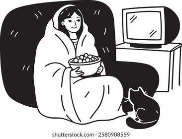 A woman sits on a couch, wrapped in a blanket, watching a movie. She holds popcorn, with a cat beside her. A cozy and relaxing scene. Black and white doodle illustration.