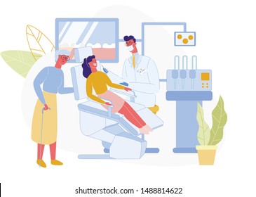 Woman Sits on Dentist Chair. Elderly in Glasses Grandmother with Wand Family Support. Dentist Room. Doctor in Mask and White Coat. Treat Teeth. Vector Illustration. Family Situations.