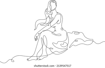 Woman sits the edge cliff Young woman sits alone rock  Romantic anticipation Teenager is sad in loneliness One continuous line drawing Girl and luxurious hair in dress Line Art