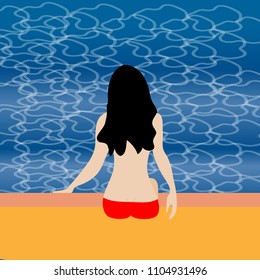 A woman sits on the edge of a swimming pool in a minimalist sports and recreation illustration.