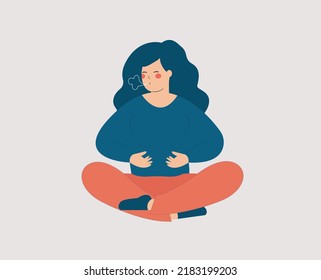 Woman sits on the floor and doing yoga breathing exercices. Girl makes an inhale and exhale while sitting in pose lotus. Recovery Respiratory system for people with asthma and wellbeing concept.