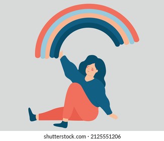 Woman sits on the floor, draws a rainbow with her hand. Happy girl creates positive vibe around her. Young female enjoys her life. Freedom, well being, mental health care concept. Vector illustration.