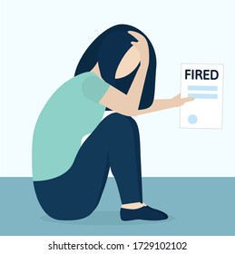 woman sits on the floor holds a document of dismissal. Tears, sadness. Job loss. Unemployed jobless benefit. Vector flat illustration.