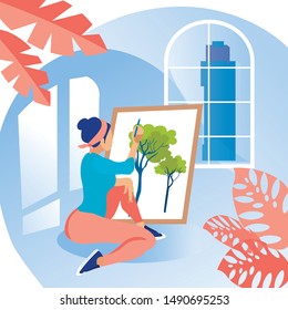 Woman Sits on Floor in Room. Draws Picture on Canvas. Coworking Center. Hobby Young People. Vector Illustration. Workflow in Office. Woman Learning Draw Trees. Room with Big Window Blue Interior.