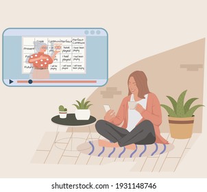 woman sits on the floor watching video on the phone. online learning of languages, a girl is learning English while sitting at home, a girl is watching an online course, flat vector illustration