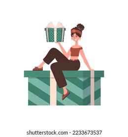 A woman sits on a gift. Modern flat vector illustration.