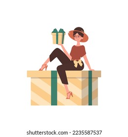 A woman sits on a gift. Modern style. Vector.