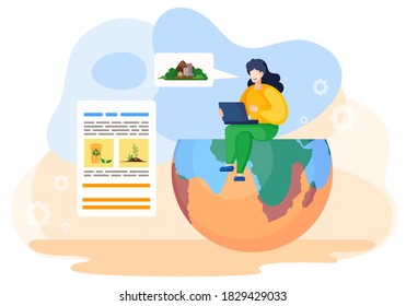 A woman sits on half of the globe with a laptop and reads a presentation on the ecological situation on the planet. Caring for the environment and the planet, stop pollution, to protect nature