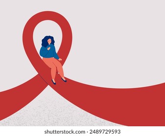 Woman sits on pink or red Ribbon. Raising awareness about the treatment and medical exam of breast cancer or HIV AIDS. Symbol of hope. Vector illustration. Disease oncology prevention