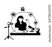 A woman Sits On A Platform With A Microphone And Outline Illustrations With Black And White Color. Social Media Online live Video Stream, Web Camera Streaming, Production Development. 
