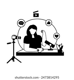 A woman Sits On A Platform With A Microphone And Outline Illustrations With Black And White Color. Social Media Online live Video Stream, Web Camera Streaming, Production Development. 