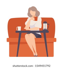 Woman sits on a red sofa at a table in a cafe. Vector illustration.