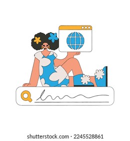 A woman sits on the search bar and holds a browser window in her hands. Search for information. Retro style character.