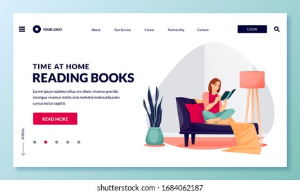 Woman sits on sofa in cozy room and reads book. Vector flat cartoon character illustration for banner, poster, web landing page. Relaxing time at home. Education, study, leisure lifestyle concept