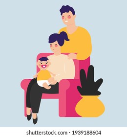 Woman sits on sofa and hold her baby with love and care. Married couple cares for each other. Happy mother's mom day banner card concept. Dad and mom with new baby born child. Portrait family poster.