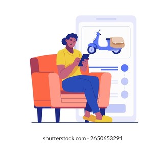A woman sits on a sofa, using her smartphone to order a scooter delivery via an online app. A large screen shows product details. Concept of online shopping, courier service, and modern e-commerce