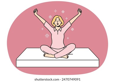 Woman sits on soft mattress and yawns getting ready for healthy sleep furniture concept. Girl in pajamas wakes up with good mood using orthopedic mattress for comfortable night rest