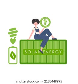 A woman sits on a solar panel and holds the ECO logo in her hands. The concept of ecology and green energy. Isolated on white background. trendy style. Vector illustration.