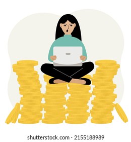 A woman sits on a stack of gold coins and uses a laptop. A woman works in a pile of coins. Vector flat illustration