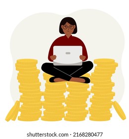 Eine Frau sitzt auf einem Stapel Goldmünzen und benutzt einen Laptop. Eine Frau arbeitet in einem Stapel Münzen. Vektorgrafik