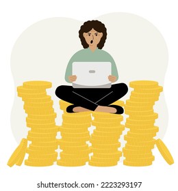 Una mujer se sienta en una pila de monedas de oro y usa un portátil. Una mujer trabaja en un montón de monedas. Ilustración plana del vector