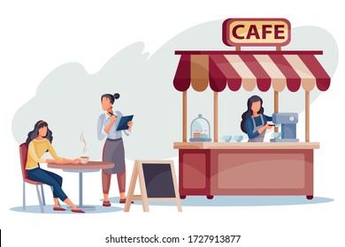 a woman sits on the street at a stokiokm next to a cafe and the waiter serves it, the seller stands at the cash desk in a cafe, vetory illustration,