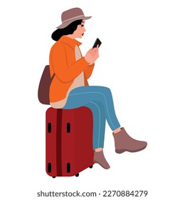 Una mujer se sienta en una maleta con un teléfono en la mano. Viajes, vacaciones. Ilustración del vector