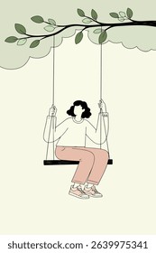 A woman sits on a swing hanging from a tree branch, enjoying a peaceful moment in a minimalist illustration style.
