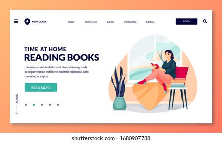 Woman sits on windowsill in cozy room and reads book. Relaxing time at home. Educational leisure studying, lifestyle concept. Vector flat cartoon character illustration for banner, poster, landing page