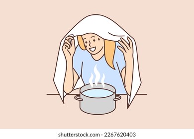 Woman sits over pot hot water covering head with towel to get rid of cold or runny nose. Girl is self-medicating by practicing ways to get rid of rheum from traditional medicine