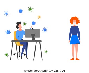 Woman sits at a personal computer and studies the latest news about the Coronavirus 2019-nCoV outbreak isolated on a white background. Pandemic epidemiology concept. Vector flat illustration.