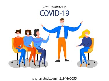 Woman sits at a personal computer and studies the latest news about the Coronavirus 2019-nCoV outbreak isolated on a white background. Pandemic epidemiology concept. Vector flat illustration