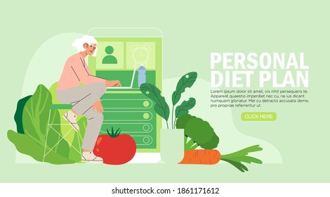 Woman sits plans her diet online or in application. Concept of healthy eating, personal diet or nutrition plan from dieting expert or online nutrition course or marathon preparation for banner, ui.