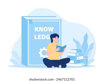 A woman sits reading a book of knowledge trending concept flat illustration