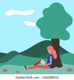 A woman sits reading a book in a park near a tree. Summer vacation Lifestyle. Flat cartoon vector illustration, poster and banner.