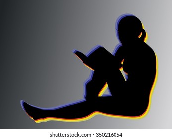Woman sits and reads. black and color sketch. grey background