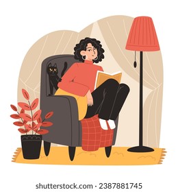 A woman sits and reads a book with her cat in a cozy living room