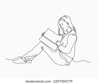 A woman sits reads a book line art