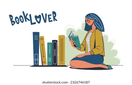 A woman sits and reads a book with pleasure and interest. Book lover on the background of books. Book therapy session. Concept design. Vector flat illustration