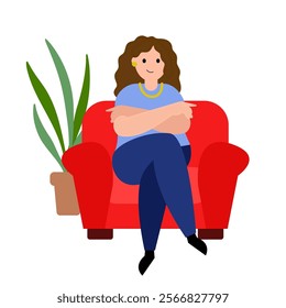 Woman sits in a red armchair, a houseplant. Vector simple color flat illustration.