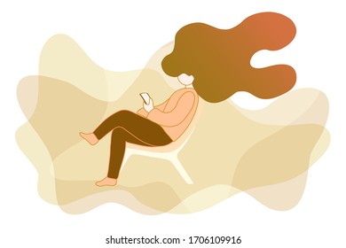 a woman sits relaxed with her legs crossed and looks at the phone. Profile of a girl with big long hair sitting on a chair in comfortable clothes. Vector illustration in brown-pink colors.