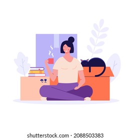 Woman sits and rests while the move is in progress. Concept of moving service, new house, apartment. Movers moving in new home. Vector illustration for Web Design