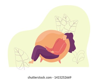 A woman sits in a round chair with a tablet in hand, surrounded by plants. Color vector flat illustration with purple linear elements.