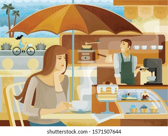 a woman sits in a summer cafe with a cup of coffee and a cake, a borista brews coffee in a coffee machine, in the background a woman rides a bicycle, summer, rest, calm,