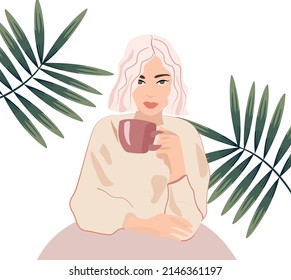 A woman sits in a summer cafe drinking coffee or tea. The girl is holding a pink mug in her hand, against the background of green leaves. Vector illustration for posters, postcards, social networks