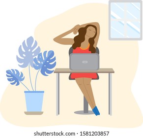 Woman sits at a table by the computer and dreams of something. She is tired of the computer and wants to relax. Modern flat illustration on a white background in pastel colors. tropical plant in pot.