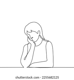 woman sits at table by window and her head slightly lowered which rests her palm    one line drawing vector  concept she is sad  daydreaming  has headache is tired