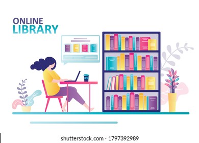 Woman sits at table and chooses book in an online bookstore. Bookshelves with many different books. Online library, e-books and new technology. Banner in trendy style. Flat vector illustration